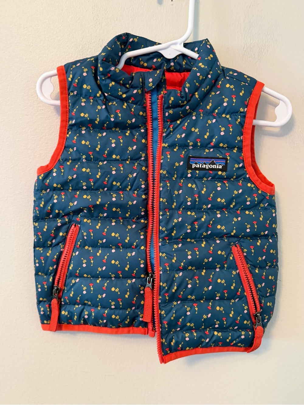 Patagonia Kids' Navy Floral Puffer Vest with Red Trim
